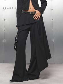 LYSMO 2025新款简约秋季女式纯色不对称百褶裙搭配喇叭裤，仿裙裤，时尚单品，衣橱必备，时尚通勤，简约休闲 - 黑色 - 查看 1