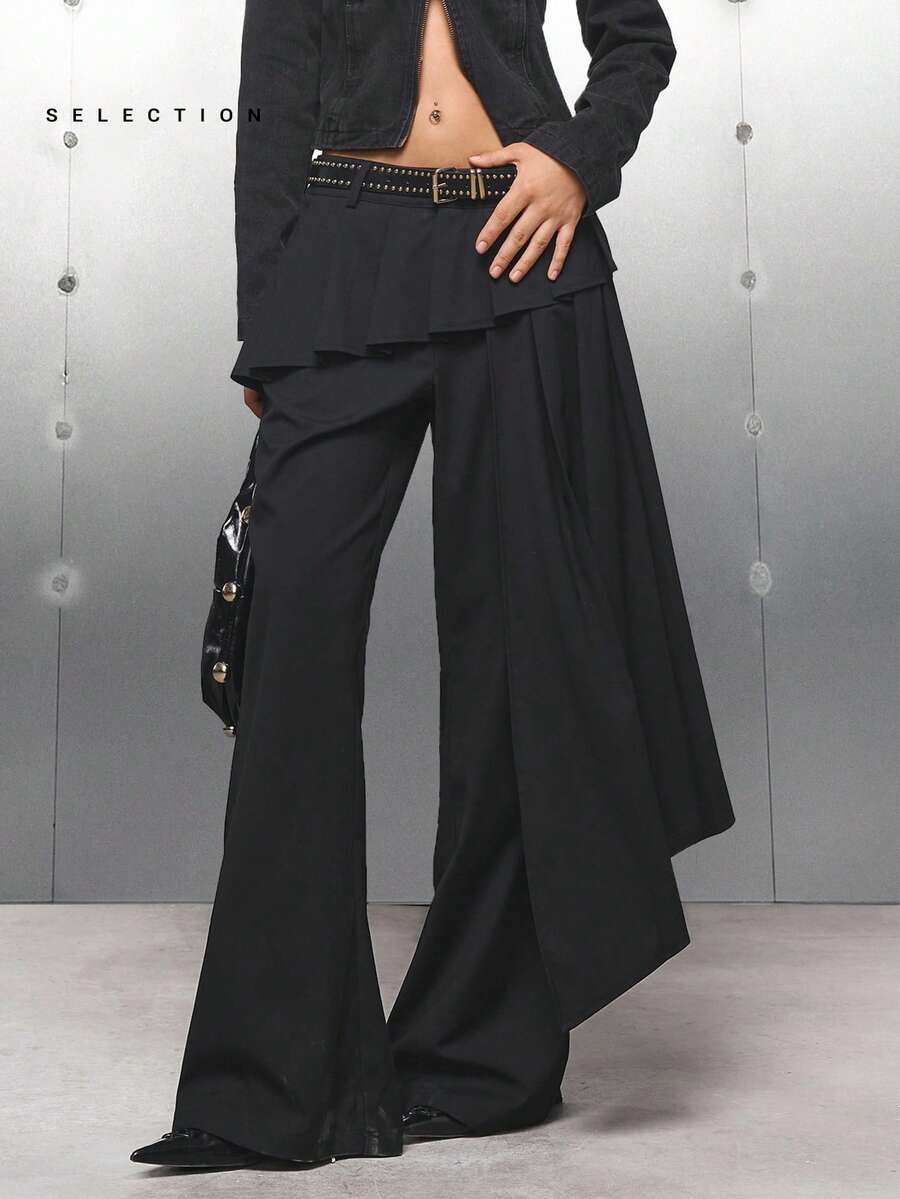 LYSMO 2025新款简约秋季女式纯色不对称百褶裙搭配喇叭裤，仿裙裤，时尚单品，衣橱必备，时尚通勤，简约休闲 - 黑色 - 查看 1