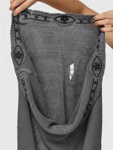 ROMWE Boho Goth Mysterious Embroidered Hooded Fringed Cropped Knit Top For Women - Grey - View 7