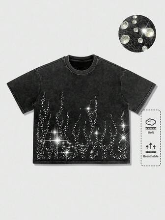 Street Life maglieta casual da uomo a maniche corte con collo rotondo e decorazione di strass, estiva