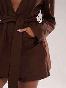 SHEIN BAE Women's Solid Color Regular Shoulder Long Sleeve Crossed Wrap Fashion Blazer,Fall Clothes For Women,Autumn Clothing For Women ,Winter Clothes For Women, Halloween,Christmas,New Year,Brown Suit With Shorts, Casual, Commuting, Brown Two Piece Set Women