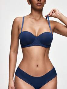 SHEIN 钢圈支撑、模压罩杯、提升和分离、简约舒适的女士文胸 - 藏蓝色 - 查看 3