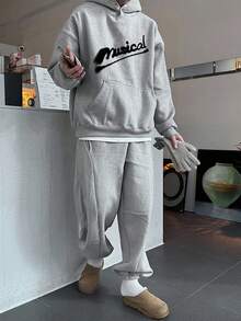 DAZY Men's Letter Print Thermal Lined Hoodie & Sweatpants Set, Elastic Waist, Autumn/Winter