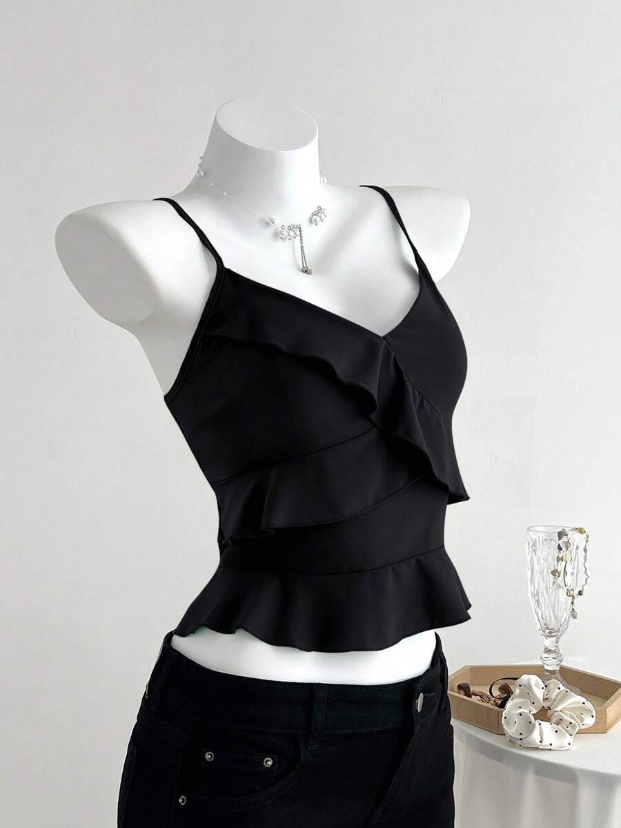 Elamini Blusa Sin Mangas De Mujer Con Dobladillo De Volantes Y Color Sólido