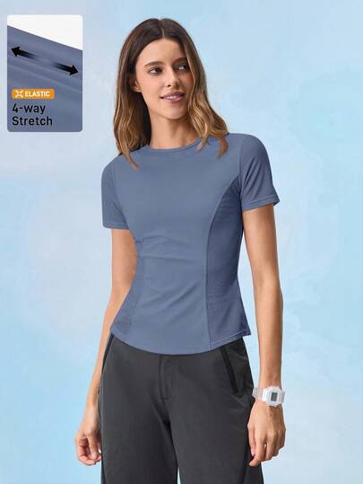 In My Nature 女士户外运动T恤，高弹力，亲肤，网眼拼接设计，适合露营、徒步旅行、城市通勤