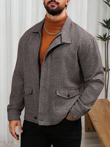 Manfinity Homme Men's Herringbone Pattern Zip-Up Casual Wool Blend Jacket Men Shacket Mens Casual Jacket Mens Fall Jacket Woolen Jacket Men Men Sweater Jacket, Grey Jacket Men, Mens Fall Jacket, Jackets For Men Grey, Brown Jacket For Men - Grey - View 5