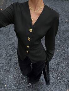 Siren Gaze 女士金属扣腰带衬衫，秋冬新款黑色 - 黑色 - 查看 1