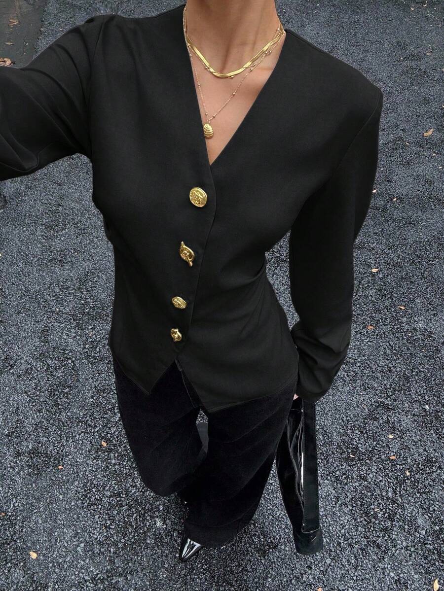 Siren Gaze 女士金属扣腰带衬衫，秋冬新款黑色 - 黑色 - 查看 1