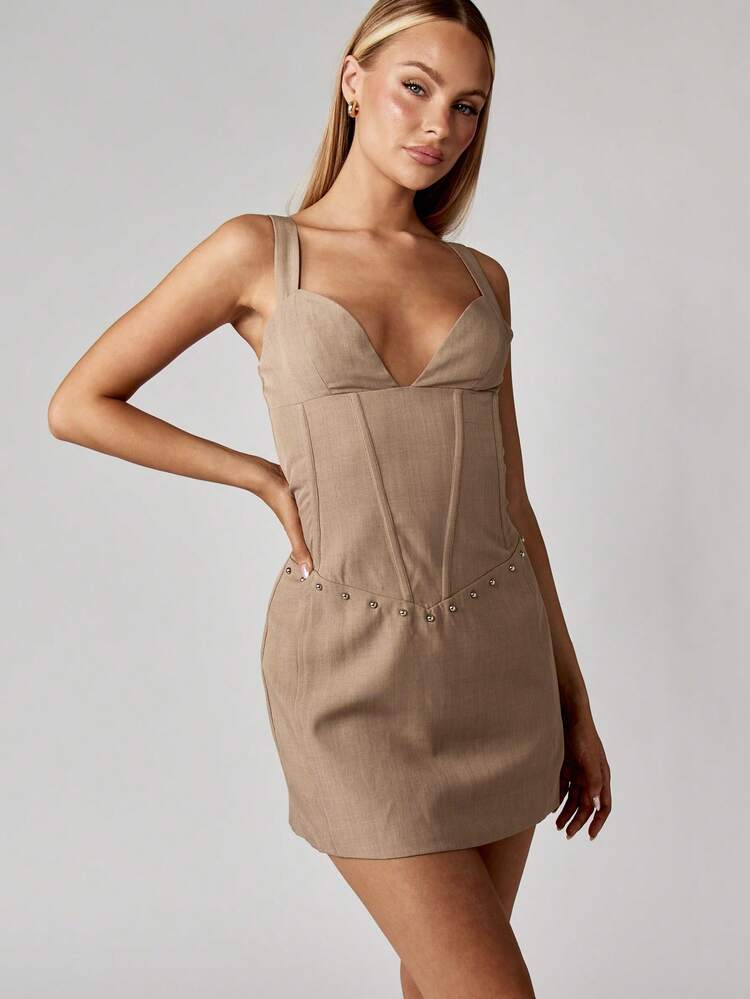 MISSGUIDED Fitted Mini Dress Sleeveless Corset Style Bodycon Party Evening Club Night Out Fashion Cut Out Waist Details Bronze Stud Embellishment