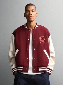 SUMWON 短款经典学院风字母飞行员夹克复古学院风绗缝棒球夹克休闲学院风字母夹克秋冬时尚 - 彩色 - 查看 1