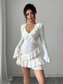 Modelyn Váy ngắn dệt kim jacquard thanh lịch và thời trang với chi tiết xếp nếp dành cho nữ - Màu be - Xem 5