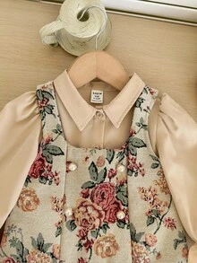 SHEIN Babygirl 优雅可爱卡其色长袖花卉印花衬衫裙套装 - 彩色 - 查看 4