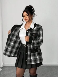 Elenzga Gothic Academia Check Detail Halloween Plus Size Coats Fall Winter Autumn - Black and White - View 8