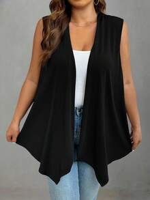 EMERY ROSE Plus Size Solid Color Minimalist Sleeveless Jacket, Street Style Winter Fall Autumn - Black - View 5