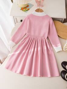 SHEIN 毛衣连衣裙，冬季服装，冬季套装，儿童冬季服装，秋季服装，万圣节，万圣节服装，圣诞节服装，休闲简约收腰长袖女童毛衣连衣裙 - 粉色 - 查看 2