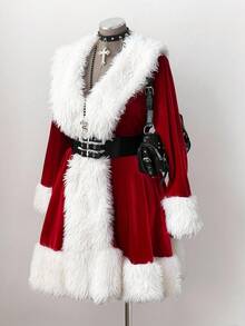 Sunspun Plus Size Women's Christmas Red Korean Fleece Long Sleeve Dress