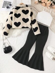 Elladie kids 3 件套青少年女孩冬季新装：2-25 白色吊带背心、蓬松心形印花夹克、休闲喇叭裤、简约而时尚的家居服、户外、通勤多功能防寒套装秋季 - 卡其色 - 查看 2