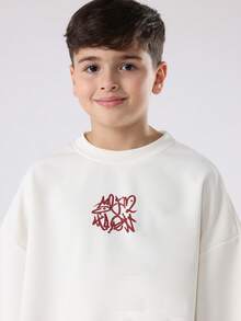 SUMWON 男童复古街头风格两件套涂鸦印花套装，含格纹工装裤，冬季秋季休闲宽松街头服饰套装 - 杏色 - 查看 5