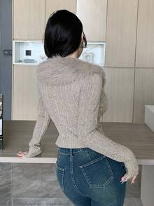 DAZY Women's Plush Collar Patchwork Fitted Short Cardigan, Long Sleeve T-Shirt, Autumn/Winter