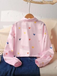 SHEIN Tween Girl Casual Heart Print Long Sleeve Shirt Fall Winter