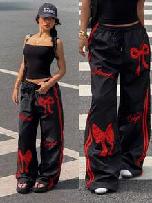 Muchica 黑色红色花卉印花梭织阔腿裤 - 黑色 - 查看 3