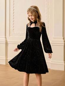 Đầm ôm vừa vặn tay dài phối lưới nhung lấp lánh màu đen sang trọng thanh lịch cho bé gái tuổi mới lớn - màu đen - Xem 5