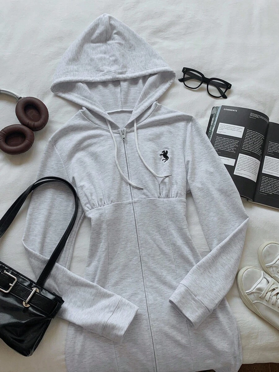 Comfortcana 女士刺绣连帽长袖迷你连衣裙 - 灰色 - 查看 1