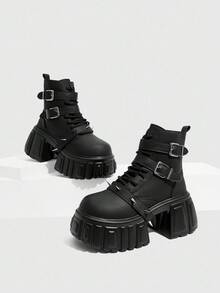 Daringsoles 时尚百搭舒适厚底女靴，增高厚底粗跟，街头风摩托车防滑英伦风系带铆钉踝靴，圣诞节必备 - 黑色 - 查看 6