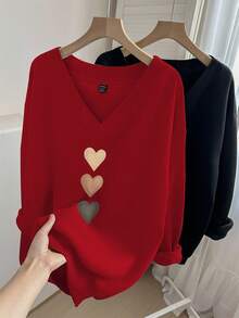 EMERY ROSE 2pcs Plus Size Women Heart Print V-Neck Loose Sweatshirt Set, Suitable For Fall/Winter - Multicolor - View 6