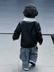 SHEIN Áo khoác lông giả cổ cho bé trai/bé gái, thời trang dạo phố thường ngày, phù hợp cho mùa thu/đông - màu đen - Xem 3