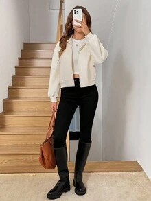 SHEIN LUNE 女士休闲宽松优雅通勤翻领拉链斜插口袋下摆抽绳粗花呢外套白色西装外套奢华奶油色女士白色外套优雅秋冬 - 杏色 - 查看 3