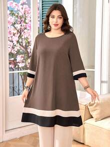 SHEIN Lacomfia 大码撞色条纹上衣和裤子两件套 - 咖啡棕 - 查看 4