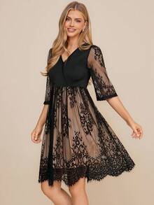 Amorya Contrast Lace Overlap Collar Mesh Overlay Dress