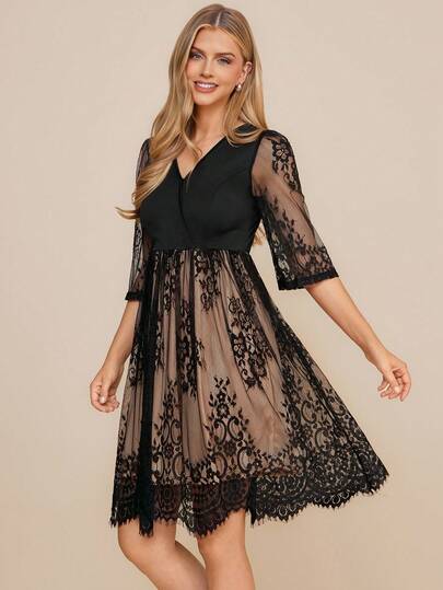 Amorya Contrast Lace Overlap Collar Mesh Overlay Dress