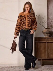 SHEIN LUNE Women's Fashion Casual Leopard Print Asymmetric Neck Western Style Sweater - Brown - View 6