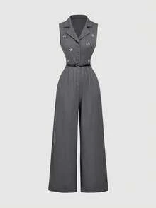 SHEIN MOD 水钻装饰衣领和腰带长款灰色连体裤 - 灰色 - 查看 2