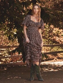 WESTFADE Chiffonkleid mit Blume Muster, Herzausschnitt, kurze Puffärmel, Schnürung mit Schleife am Rücken, gestufte Volants, Midi-Länge, Lässig, süße Herbstmode, Boho-Outfit, Herbst, Winter, Westernmode für Frauen - Verschiedenfarbig - Übersicht 1
