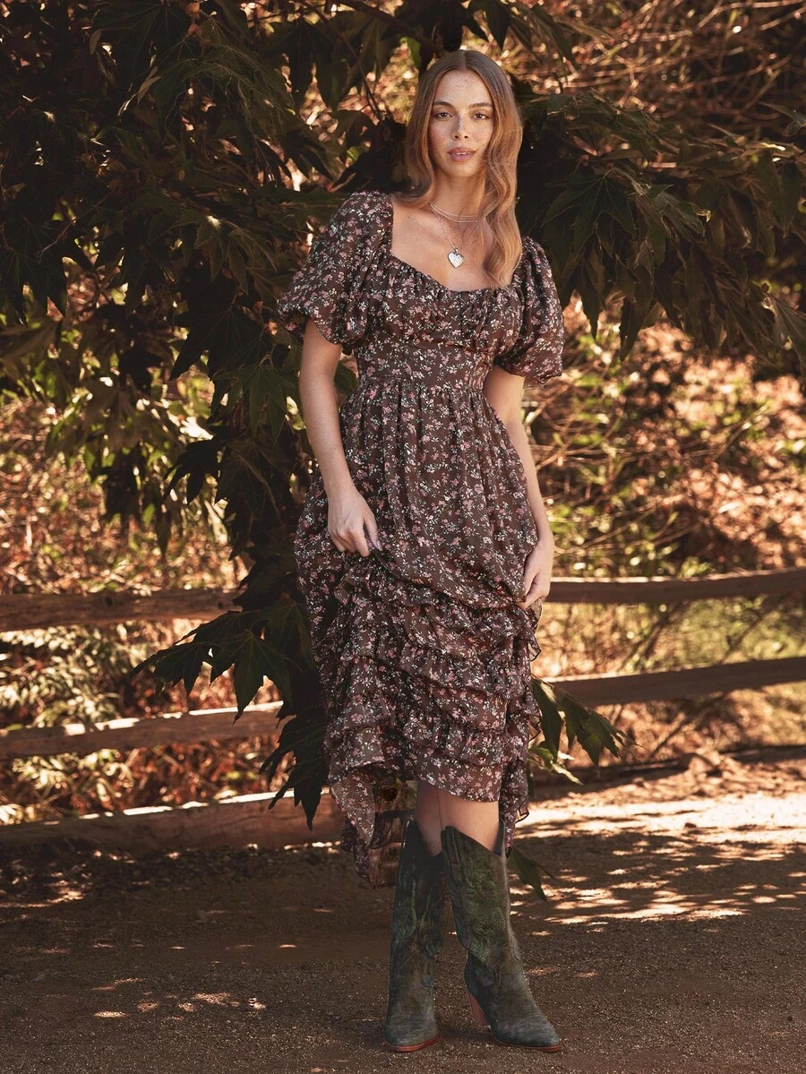 WESTFADE Chiffonkleid mit Blume Muster, Herzausschnitt, kurze Puffärmel, Schnürung mit Schleife am Rücken, gestufte Volants, Midi-Länge, Lässig, süße Herbstmode, Boho-Outfit, Herbst, Winter, Westernmode für Frauen - Verschiedenfarbig - Übersicht 1