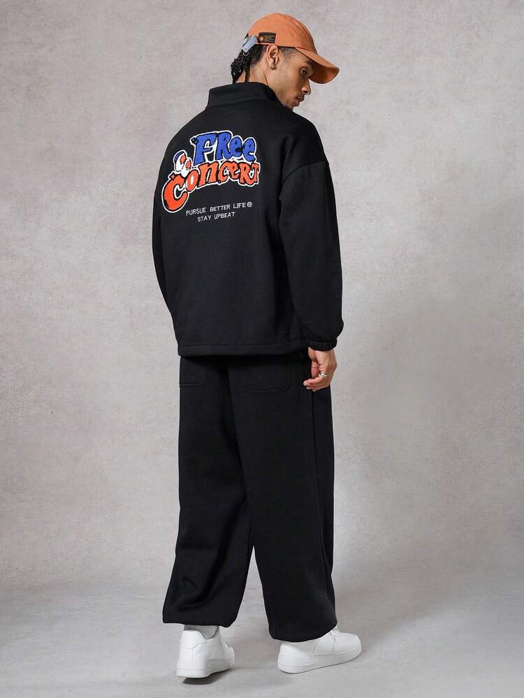 Men's Graphic Letter Embroidered Thermal Lined Pullover Sweatshirt & Pants Set, Street Style, Autumn/Winter