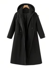 SHEIN Clasi Manteau matelassé long à capuche en couleur noire unie pour femmes rondes et grandes tailles. Avec doublure en coton et poches. Présente un col capuche style costume, double poches, de haute qualité, chaud, confortable et isolant. Convient pour de multiples occasions, nouvelle collection 2025 - Noir - Voir 12