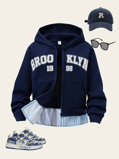 1pc Boys' Casual Zip-Up Jacket With Letter Print And Contrast Color Pockets, Looks Like 2-In-1 Fall Winter