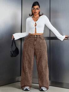 SHEIN Tall CURVE 大码休闲水洗复古阔腿牛仔裤 - 咖啡棕 - 查看 3