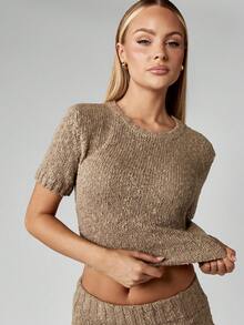 MISSGUIDED Chunky Knit Boucle Cap Sleeve Crop Top Fall Winter Textured Knitted Pullover - Khaki - View 1