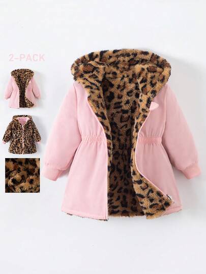 SHEIN Playful Pals Chaqueta reversible con capucha de piel sintética y franela para bebé niña, recién nacido y niña pequeña de 0 a 3 años, de largo medio, con estampado de leopardo y negro sólido para otoño/invierno
