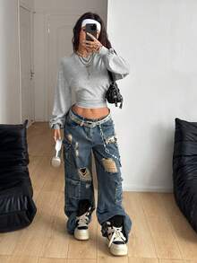 Coolane Women;S Fall/Winter Back To School Basic Solid Color Pleated Asymmetrical Neck Long Sleeve Pullover Sweatshirt - Grey - View 5