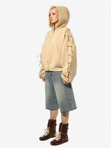 SUMWON 女式加大码超大拉链连帽衫，袖口系带细节休闲运动衫 - 米色 - 查看 7