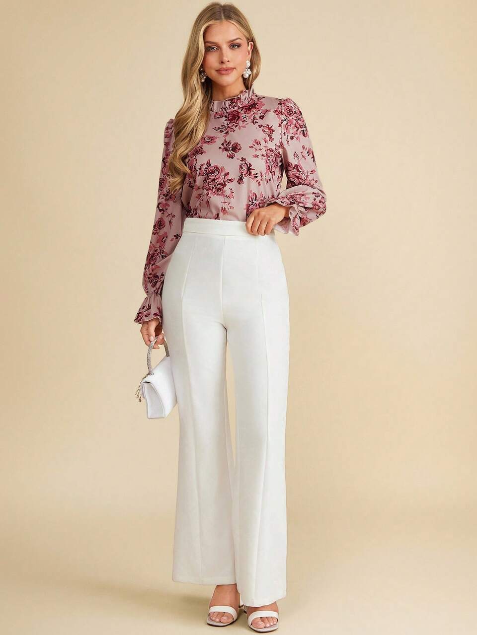 Floral Print Flare Sleeve Frill Neck Blouse,Long Sleeve Tops