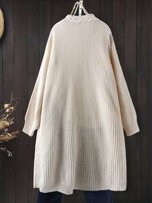 Linhara Vintage Floral Embroidered Loose Fit Midi Knit Cardigan, Cream White Winter - Beige - View 2
