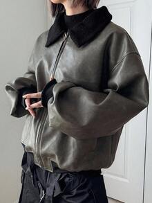 FRIFUL 女士时尚休闲PU仿羊羔绒领拼接夹克皮夹克 - 灰色 - 查看 5