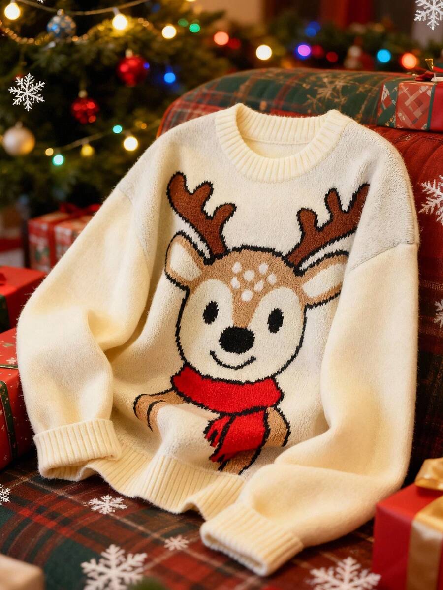 Franclia Christmas Casual Loose Fit Crew Neck Long Sleeve Jacquard Reindeer Pattern Knit Pullover Sweater For Women, Autumn/Winter - Beige - View 1